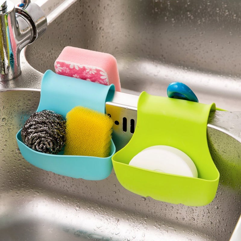 FineGood 2 Pack Sponge Holder for Double-Sink, FineGood Saddle Caddy Brush Soap Organizer Storage Kitchen Bathroom Plastic Basket - Blue, Green - Image 3